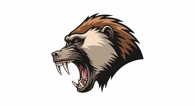 Fierce primate profile with sharp teeth and reddish eyes, open mouth