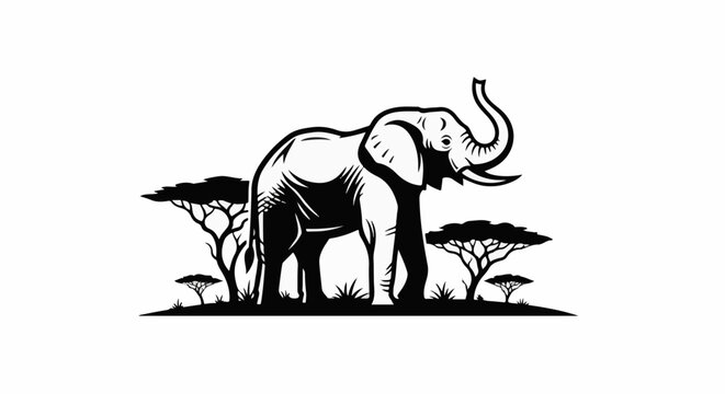 Stylized black and white illustration of an elephant in its natural habitat