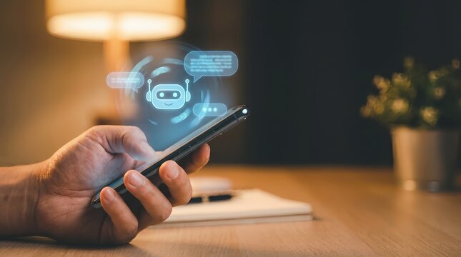 A person holding a smartphone with a chatbot interface on the screen in a dark room with a lamp on.