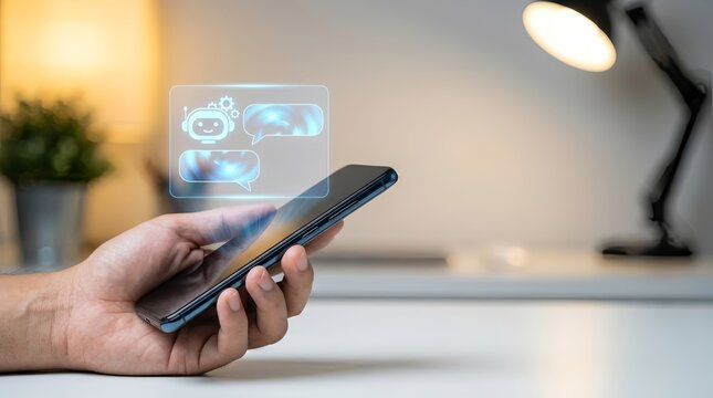 A person holding a smartphone with a chatbot interface on the screen in a modern office setting