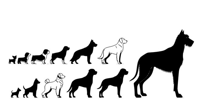 Dog silhouette size comparison set with symmetrical breed icons in clean vector illustration style
