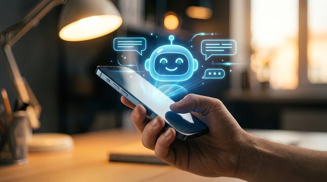A person interacts with a smartphone featuring a chatbot interface in a modern workspace
