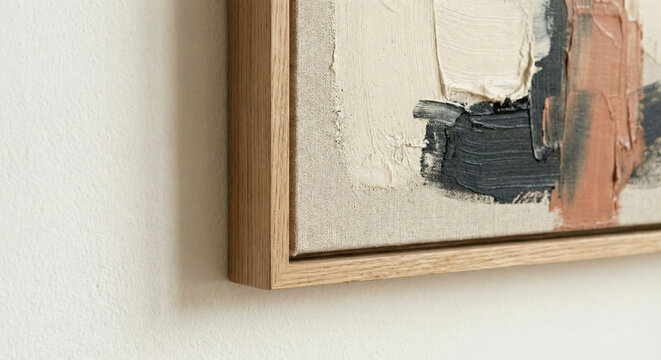 Abstract painting framed canvas wall decor minimalist interior neutral color wooden frame quiet luxury daily routine with abstract painting framed