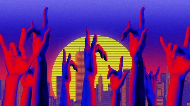 A retro style abstract looping background of lots of spinning posed hands.
