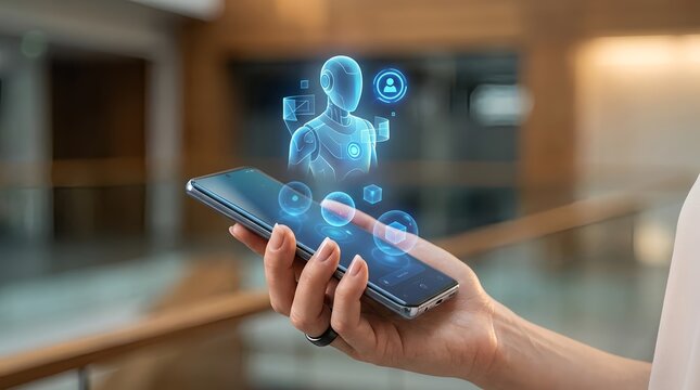 A person holding a smartphone with a digital avatar and icons floating above the screen in a modern indoor setting.