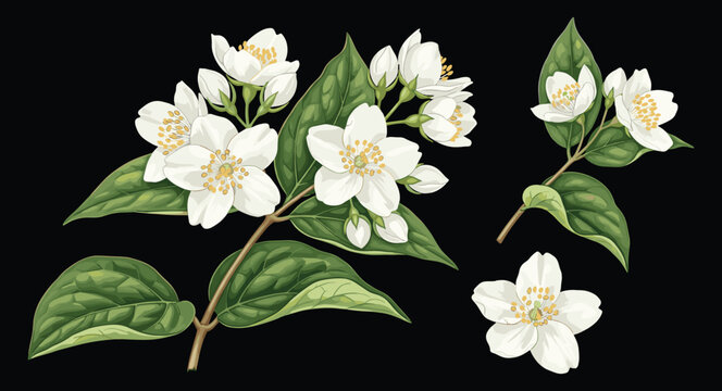 Elegant white jasmine flower illustration with green leaves, detailed botanical branches, isolated floral elements on dark background for decorative design use