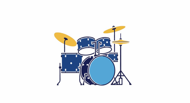 A flat illustration of a blue drum set with yellow cymbals