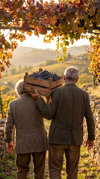 Seniors walking through a vineyard with colorful autumn leaves and a crate of grapes, embodying a serene and rustic lifestyle in the countryside. Image made using Generative AI.