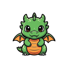 Fototapeta premium Cute Cartoon Green Dragon Sitting Down.