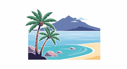 Fototapeta premium Tropical beach scene with palm trees, ocean, and mountains