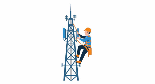 Technician in safety gear climbs cellular tower for maintenance