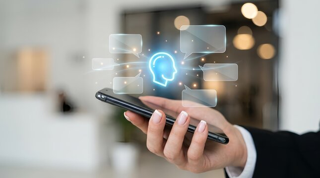 A person in a business suit holding a smartphone with a glowing blue brain icon and various digital squares floating above it.