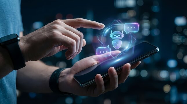 A person interacts with a smartphone displaying a chatbot interface with a shield icon, symbolizing secure communication.