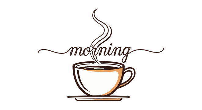A steaming cup of coffee with the word "morning" written above it