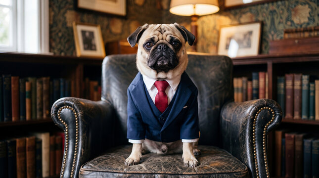 Professional Pug Dog in Suit Sitting on Leather Chair