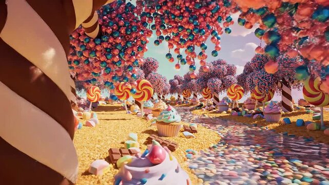 Candy land with lollipops and cupcakes for commercial backgrounds, digital design, and advertising