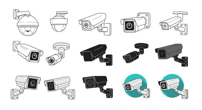 Set of various CCTV security camera icons in different styles and angles for surveillance system design elements.