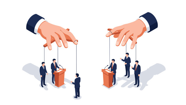 Isometric illustration showing giant hands of a manager manipulating business professionals as if they were puppets on strings.