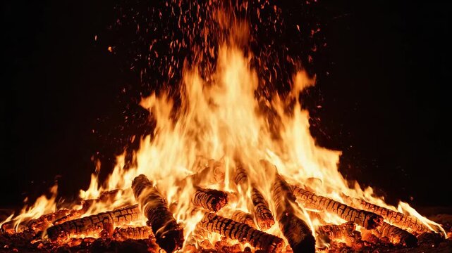 Burning logs with flames and sparks for environmental projects, nature documentaries, and commercials