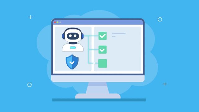 Animated AI dashboard with shield icon, checklist, and system panel, showing security protection, automated tasks, and digital workflow monitoring.