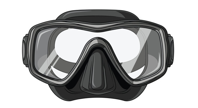 Detailed black and grey diving or snorkeling mask with clear glass and rubber frame seen from the front.