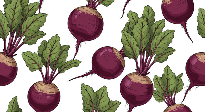 Seamless pattern background featuring many whole beetroots with fresh green leaves on a white background.
