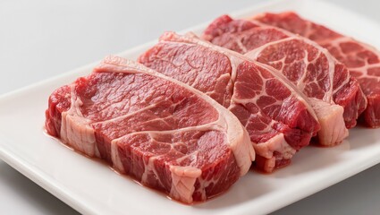 Obraz premium Four thick-cut well-marbled raw beef steaks neatly arranged on a minimalist white rectangular plate perfect for clean culinary presentations high-protein diet articles and gourmet meat advertisements.