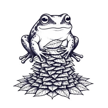 Frog Sitting on Pine Cone Leaves.