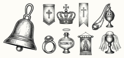Fototapeta premium Faith in God, concept. Hand drawn Bible symbols collection in vintage engraving style. Sketch vector illustration