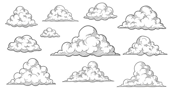 Hand-drawn set of fluffy cumulus clouds in a vintage sketch style with cross-hatching and shading on a white background.