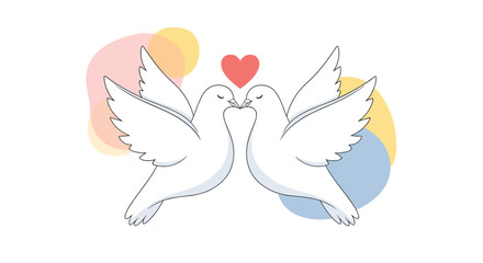 Naklejka premium Beautiful illustration of two white doves flying towards each other with a red heart and soft colorful circles in the background.
