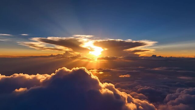 Sunrise above clouds from high altitude for environmental projects, nature documentaries, and commercials