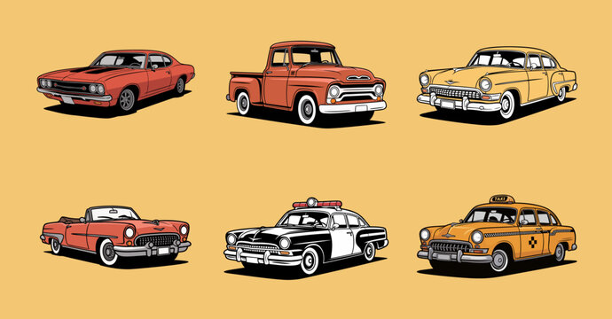 Comic Vintage classic cars illustration collection with retro automobiles and pickup truck. Flat vector set including muscle car, pickup truck, convertible, police car and taxi in retro vehicle style