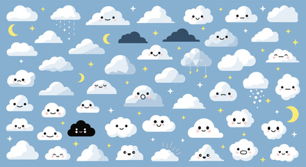 Obraz premium Diverse assortment of pixelated clouds featuring different colors, expressions, and weather icons like rain and stars.