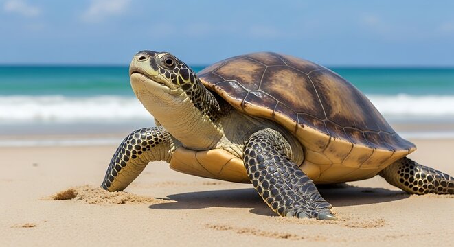 Sea turtle basking on a sandy beach near the ocean.