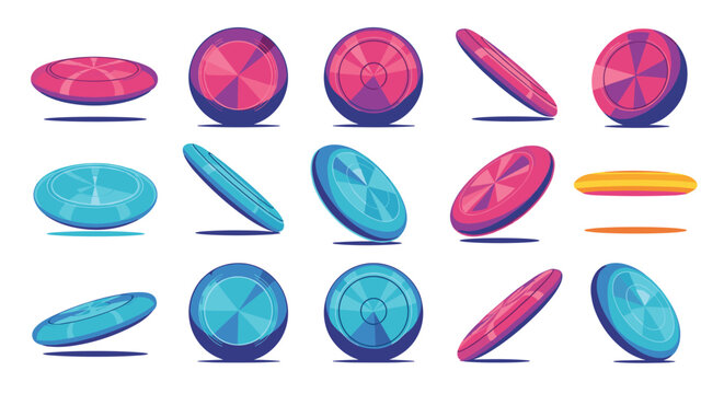 Multiple views and colors of frisbee discs shown from various perspective angles and in motion for outdoor summer recreation concepts.