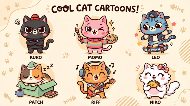 Set of cute cat characters with different personalities, cool cat cartoons collection, kitten artist, skater, guitarist, and sleepy cat, flat vector illustration.
