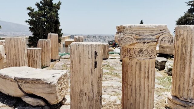 Ancient greek columns standing at acropolis, athens, greece