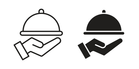 Fototapeta premium Hand holding tray icon outline and solid set. Graphic icons