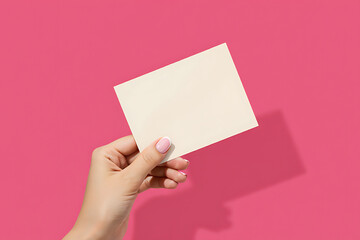 Obraz premium Hand holding blank cream card on vibrant pink background with shadow image