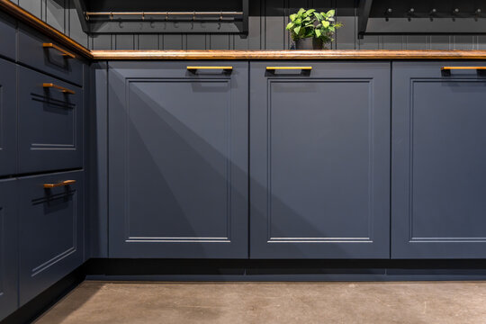 Modern kitchen cabinetry in deep blue color. Workspace with wooden surface and decor.