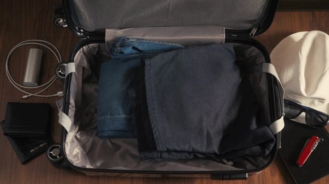 Woman packing her clothes in a bag Preparing suitcase holiday or vacation on a floor at home. Young woman trying to pack overfilled suitcase