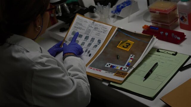 A police ballistics expert reviewing classified reports on cases of homicide involving firearms