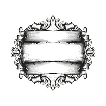 Ornate scroll banner frame design element.
