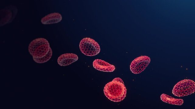 Red Blood Cells Circulation Animation Loop on Blue Background with Copy Space. Human cardiovascular system health concept. Hematology and blood testing animated medical concept in 3D low poly style.
