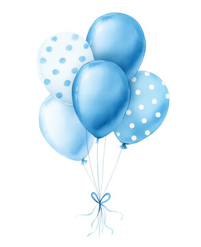 Bunch of Blue Balloons Watercolor Illustration Isolated on White and Png Transparent Background