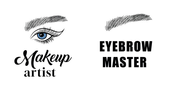 Makeup artist and eyebrow master logo set, beautiful woman blue eye with long lashes and brows vector illustration