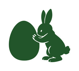 Obraz premium Charming Easter bunny silhouette, dark green rabbit pushing a large egg, festive spring holiday graphic, simple vector illustration for seasonal designs and branding.