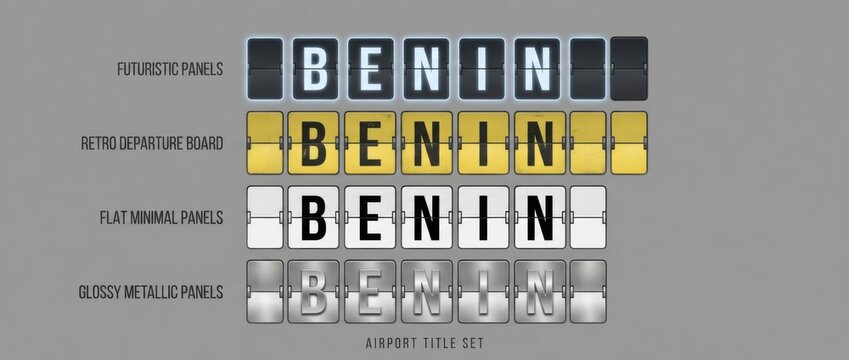 benin airport split flap display title set with the word benin spelled across flipboard tiles includes four different board styles