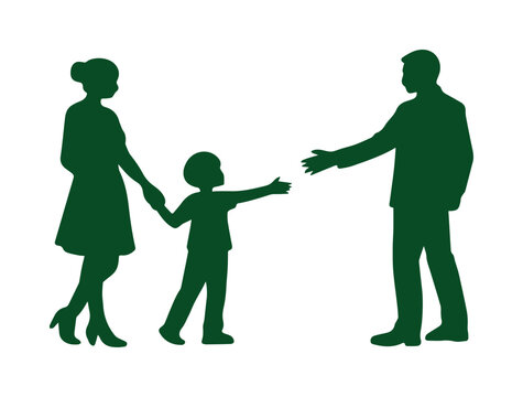 Family separation vector illustration, a child reaching for a parent, symbolizing divorce, custody battles, or adoption. Green silhouettes on a white background, ideal for legal, social